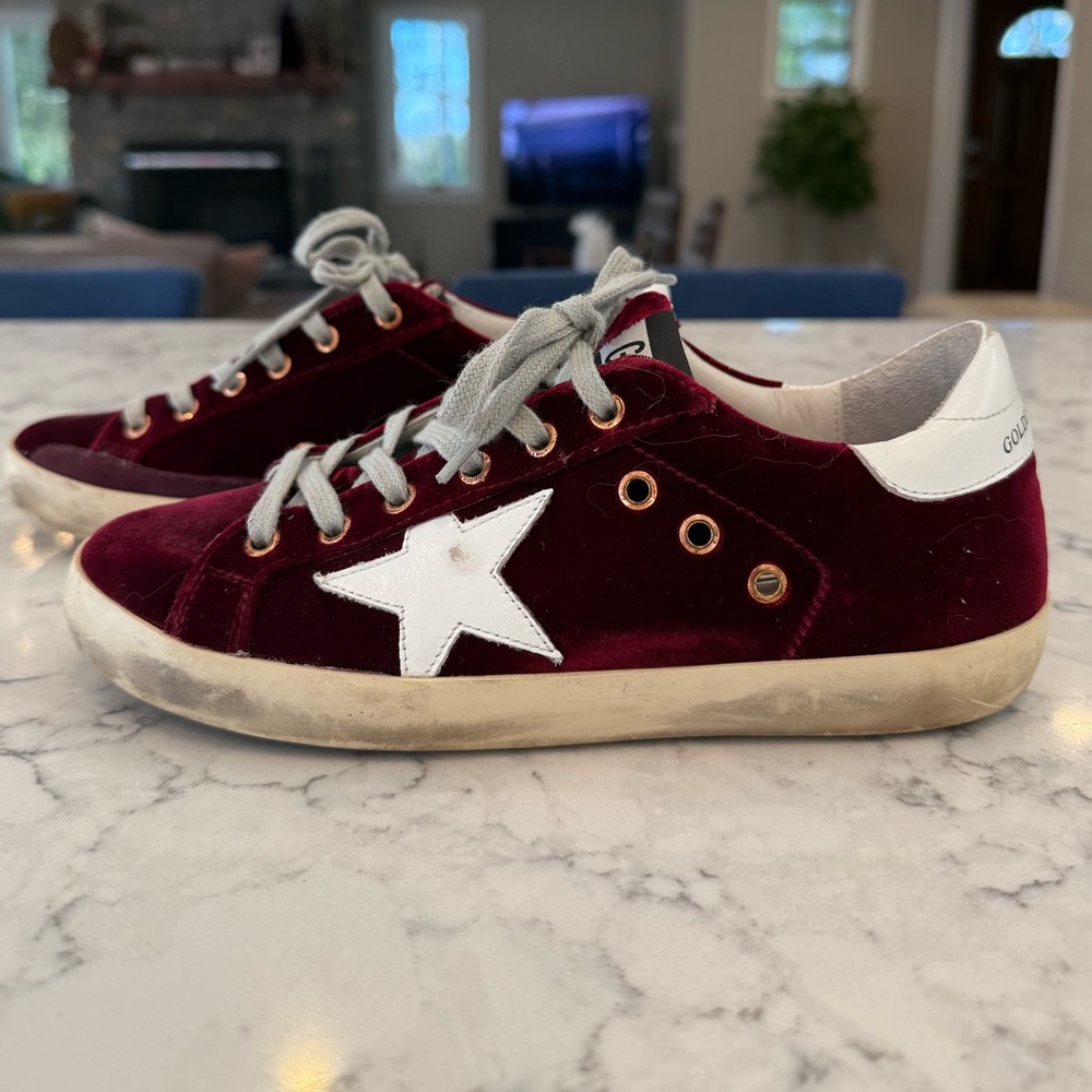 Golden Goose Super-Star Distressed Leather Trimmed Velvet Sneakers, Size 37